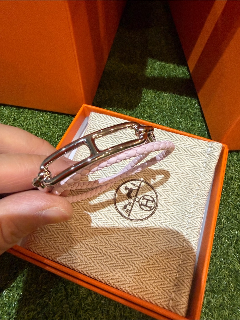 Hermes Pink Braided Double Tour Bracelet with Rose Gold Buckle